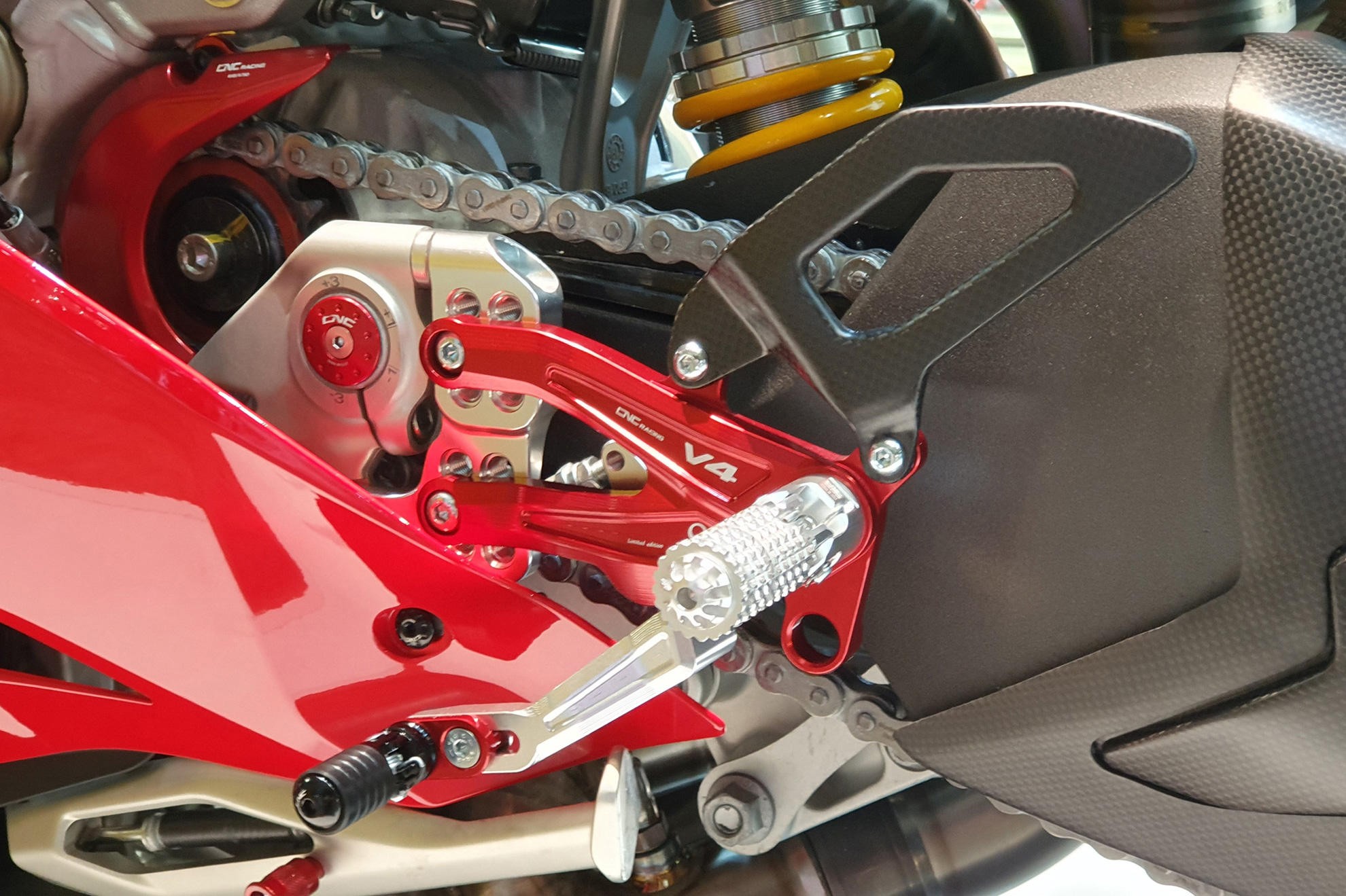 CNC Racing Carbon Fiber Heel Guards for the RPS Adjustable Rearset - Ducati Panigale V4 and Streetfighter V4