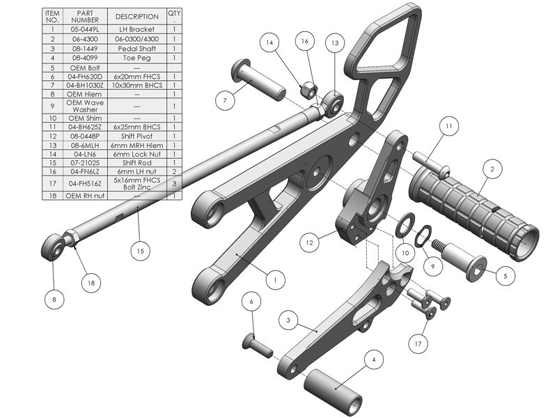 Woodcraft Standard Shift Rearset Kit - Yamaha YZF-R6 (2006-2016)